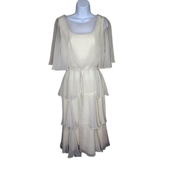 Vintage 70s Flutter Sleeve Sheer Tiered Blouson Dress Womens Size S Ivory White - Picture 1 of 10